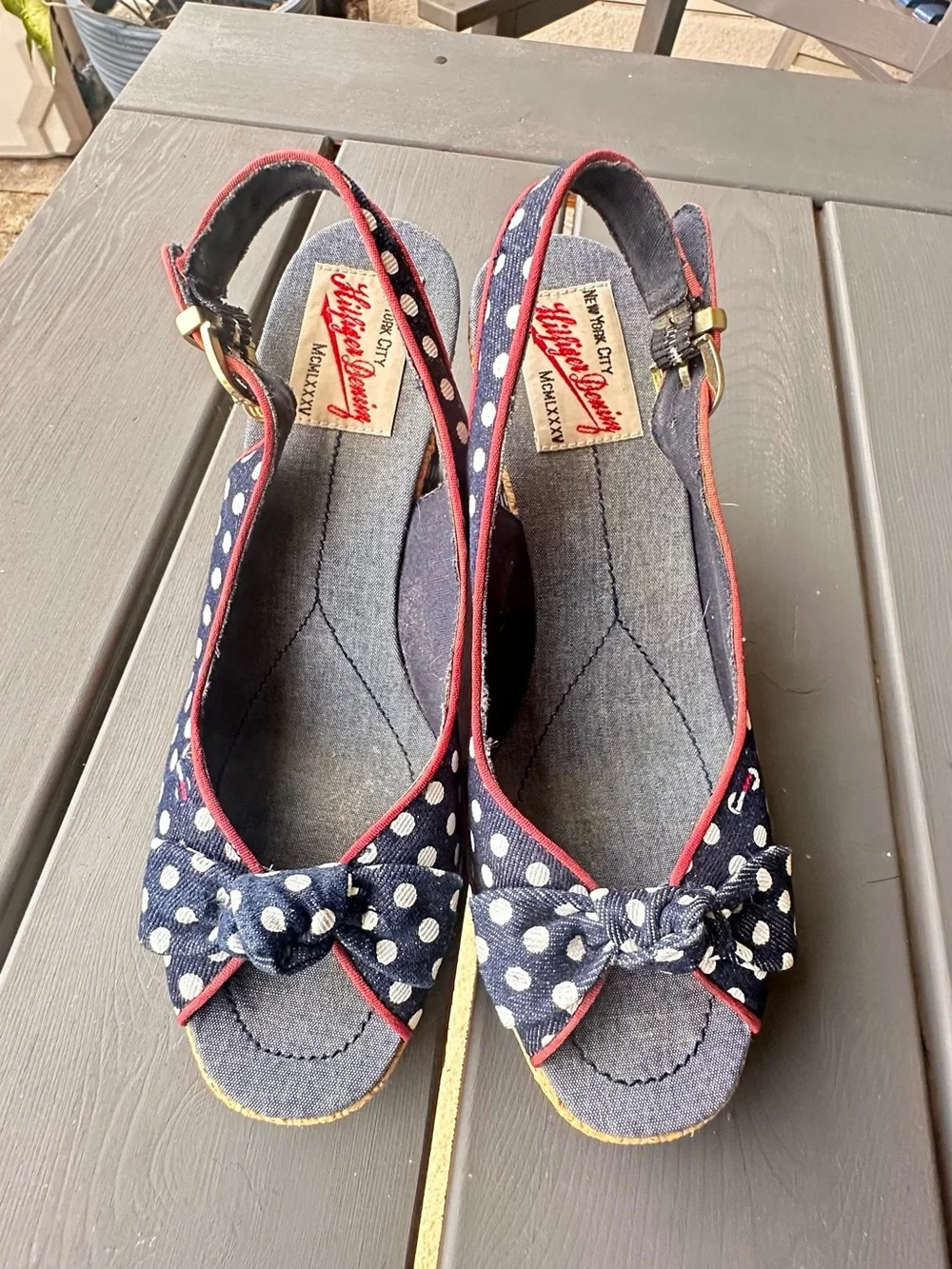 Tommy Hilfiger denim polka dot slingback wedge sandals sz 8.5